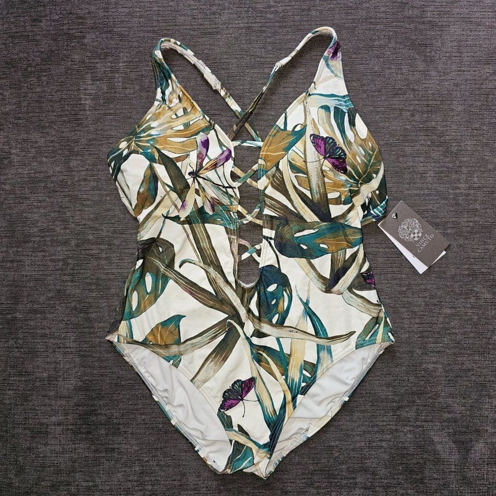 Vince Camuto Women's Rainforest Strappy Leaf Print One Piece Swimsuit Size 12